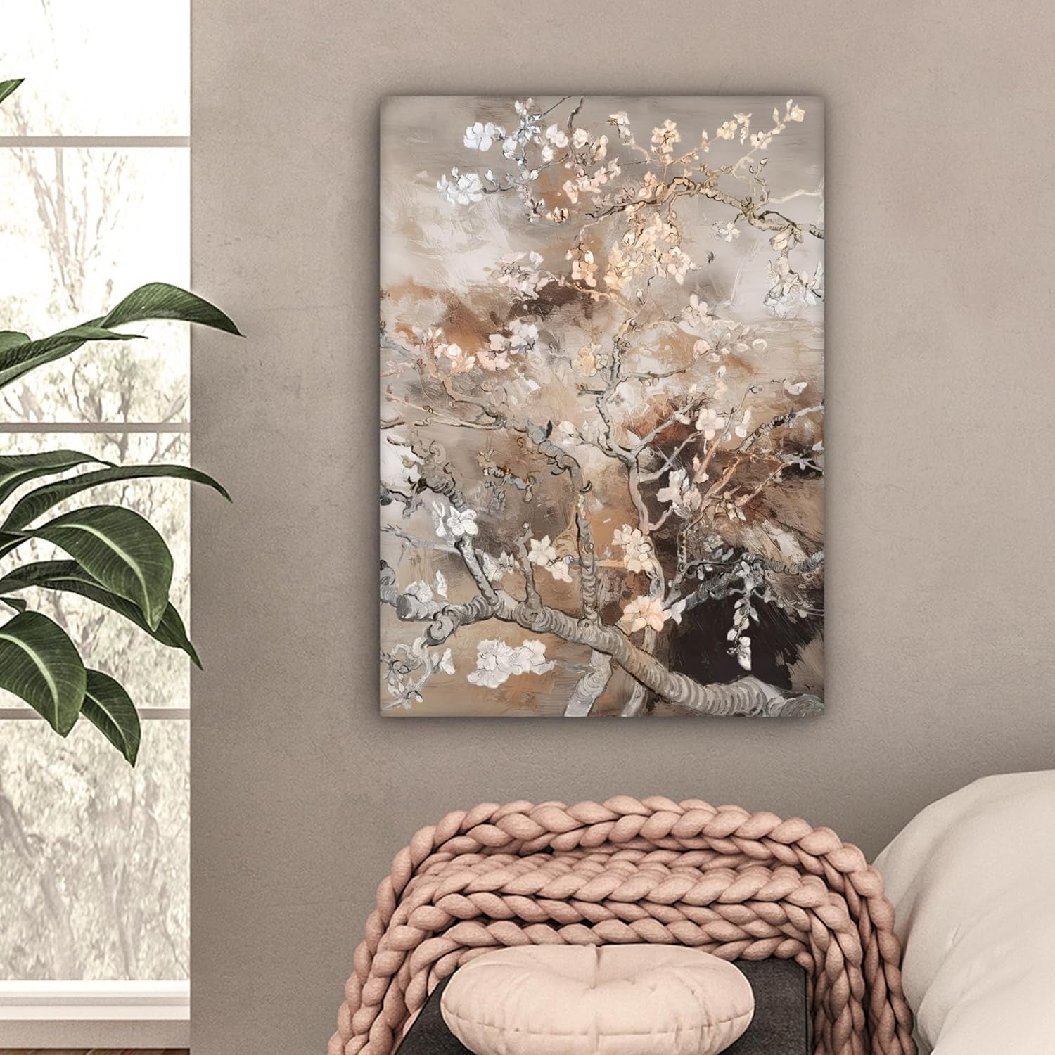 Large Framed Canvas Wall Art 50x70cm Almond Blossom Beige