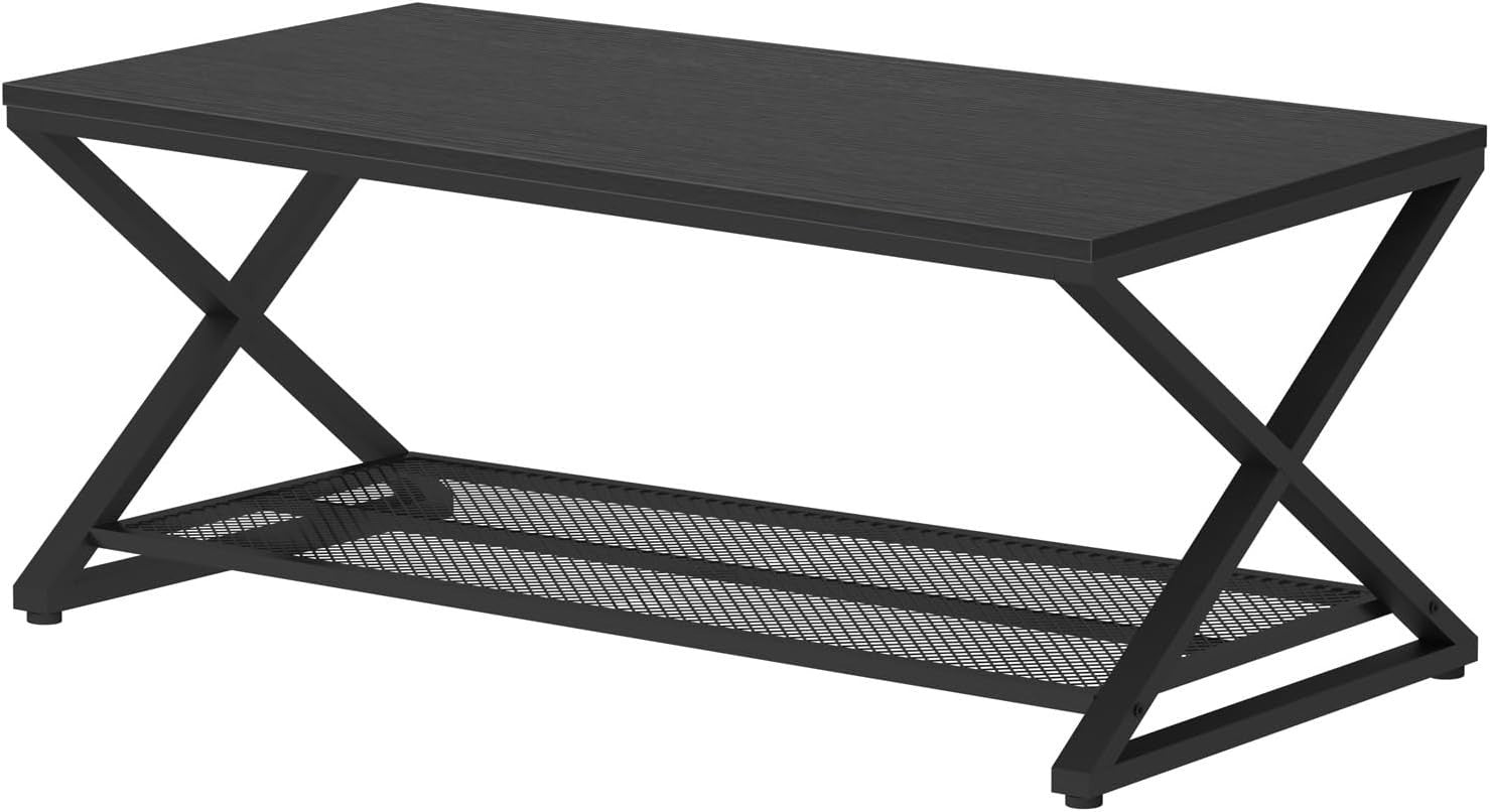 Modern Black Coffee Table with Shelf, 2-Tier Metal Frame, 100x60cm