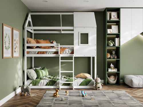 White Wooden Treehouse Bunk Bed Single Kids Safe Loft Bed w/ Storage