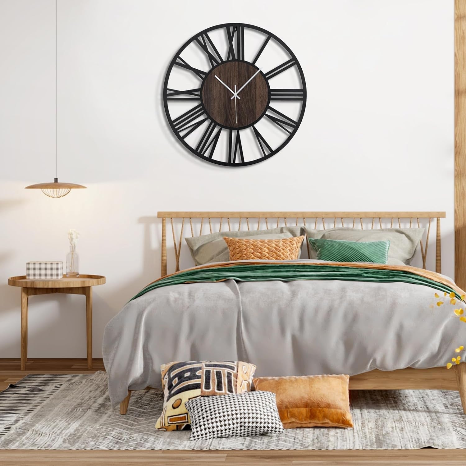 Large 40cm Silent Wall Clock Modern Rustic Metal Wood Roman Numeral Decor