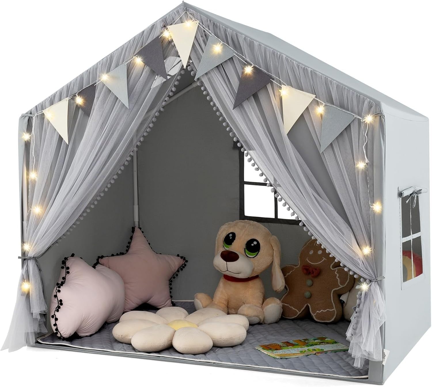 Grey Kids Fairy Play Tent Indoor Playhouse w Lights Mat Curtains
