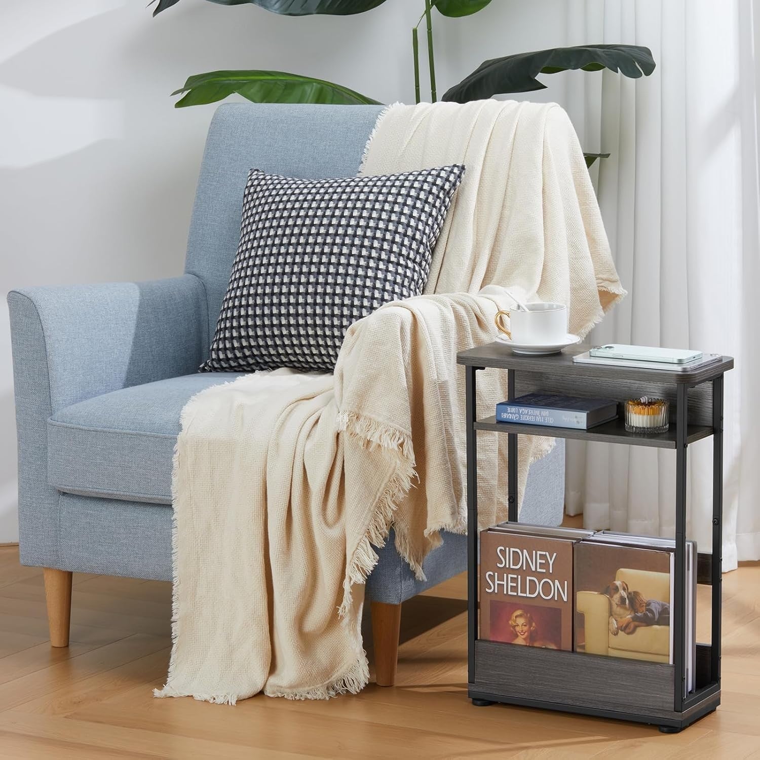 Slim Grey Side Table for Small Spaces – 3-Tier Narrow Nightstand Unit
