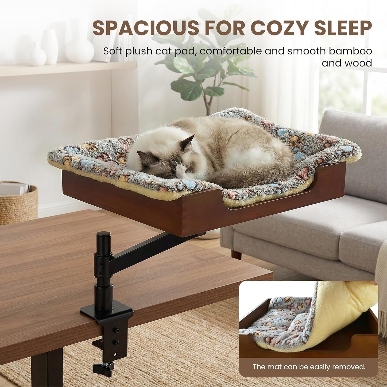 Bamboo Desk Cat Hammock Rotating Cat Bed Clamp On Desktop Perch