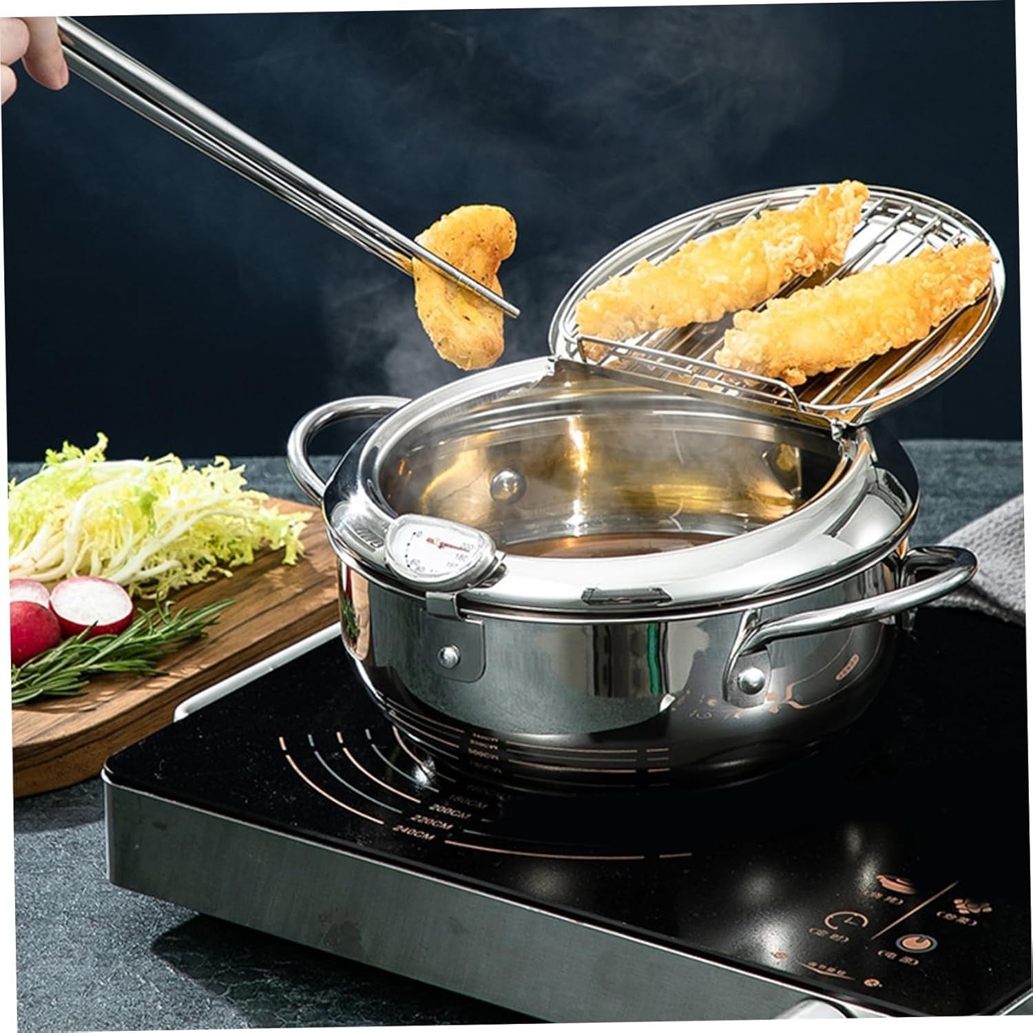 4.2L Stainless Steel Tempura Fryer Pot 11'' Thermometer Oil Drip Rack