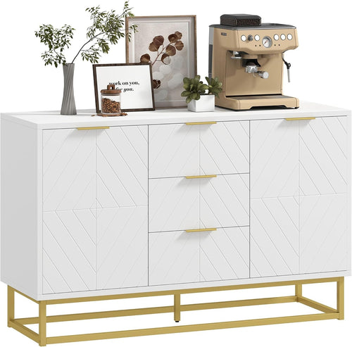 Modern White Sideboard Cabinet 3 Drawers Storage Gold Legs Adjustable