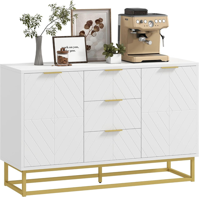 Modern White Sideboard Cabinet 3 Drawers Storage Gold Legs Adjustable