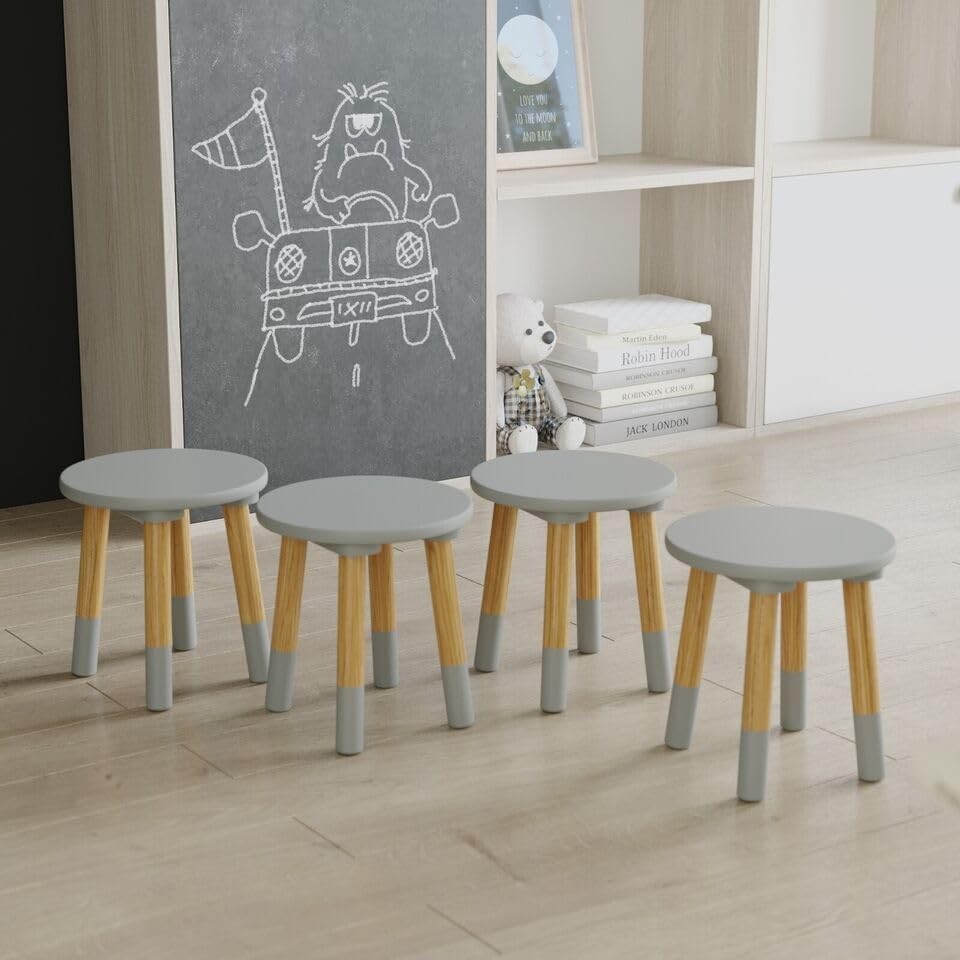 Kids Wooden Round Table & 4 Chair Set Grey, Sturdy Toddler Activity Furniture