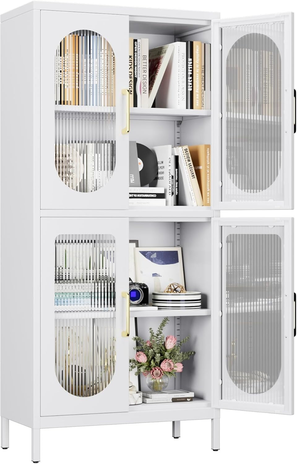 Heavy Duty White Metal Storage Cabinet with Glass Doors & Adjustable Shelves