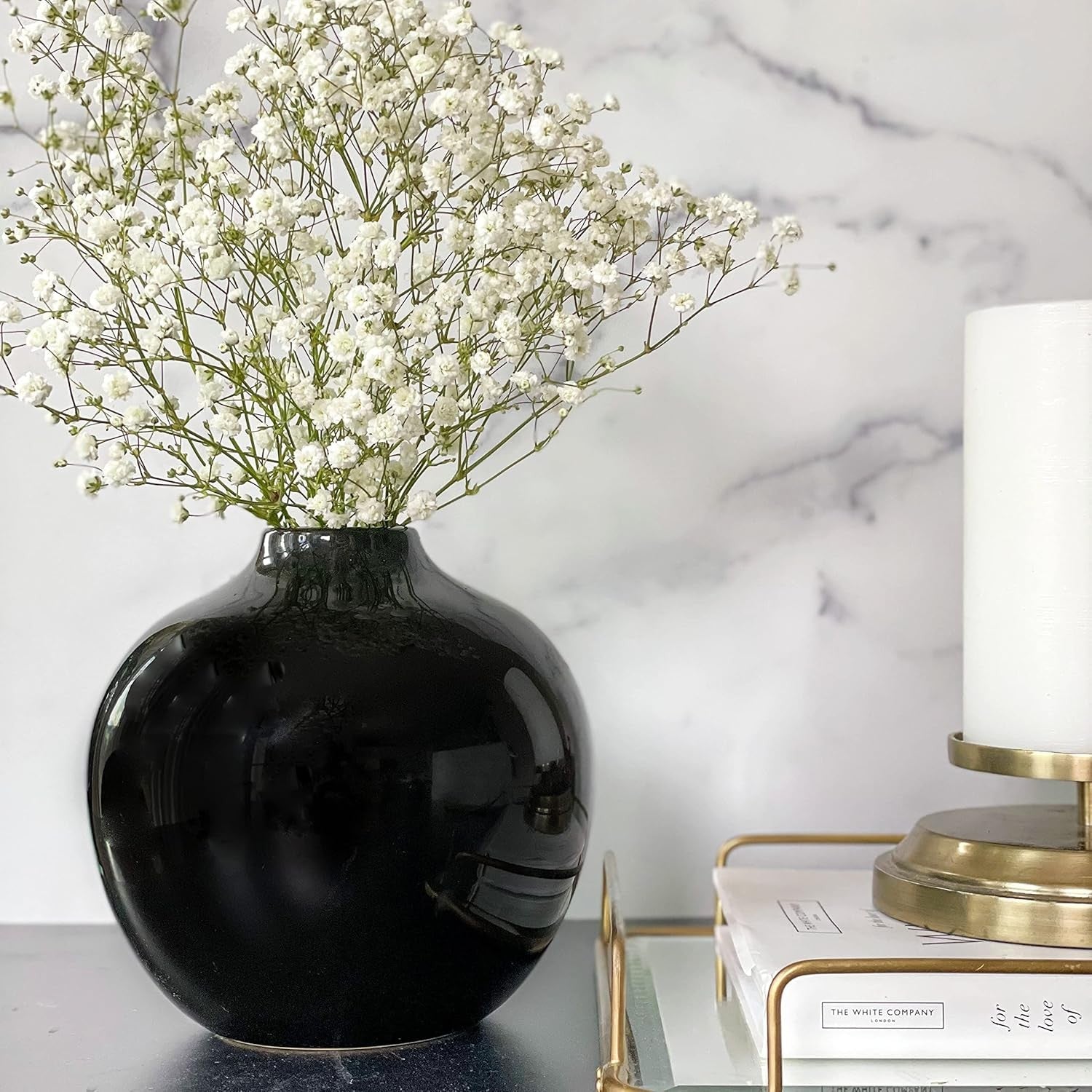 Black Ceramic Vase 7.5 Inch Glossy Porcelain Round Flower Centerpiece Decor