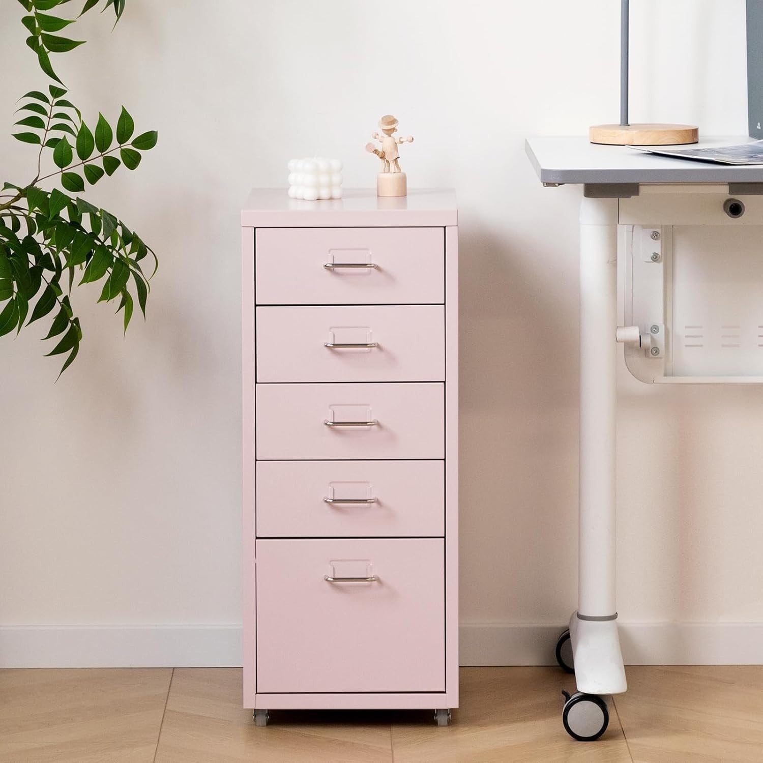 Pink Metal Rolling Drawer Cabinet 5 Tier Under Desk File Storage