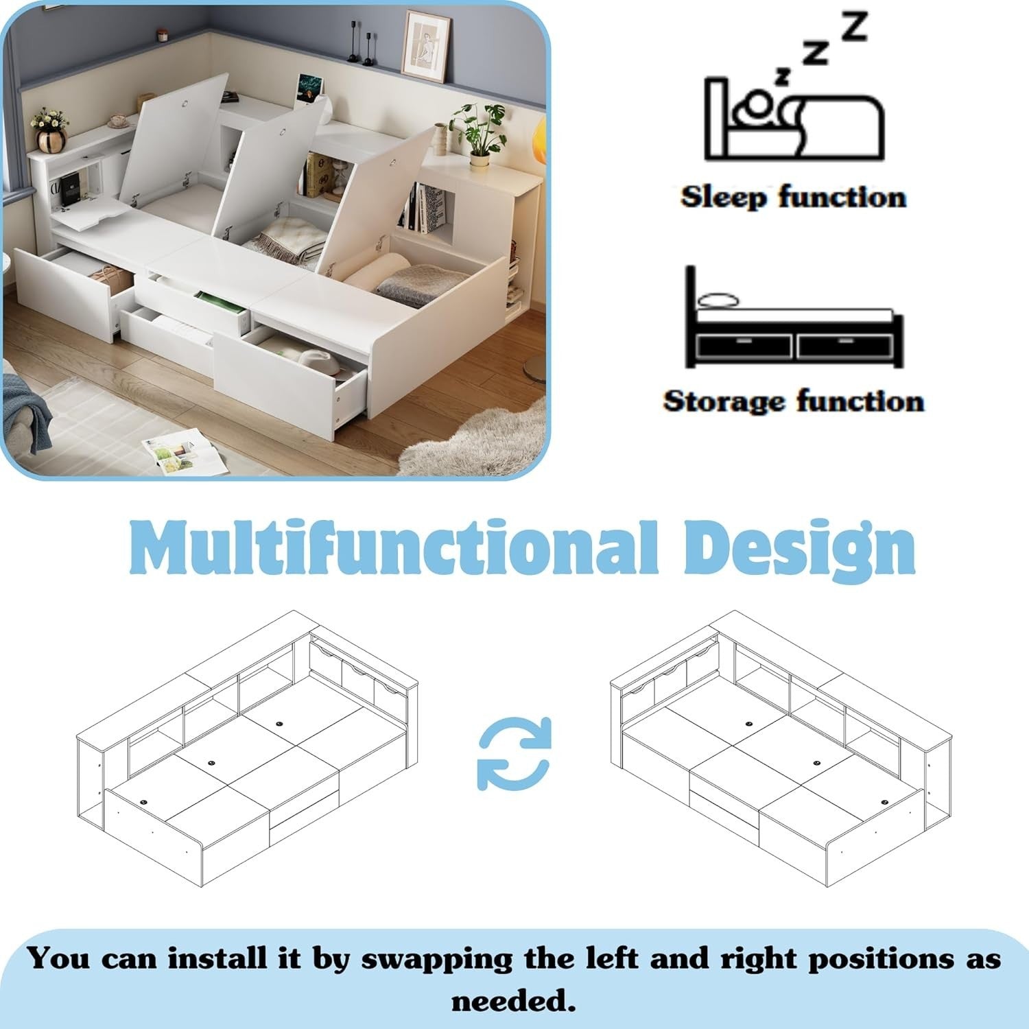 Single Kids Bed with Storage Drawers, Bookcase & Cupboard 90x190cm