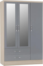 3 Door 2 Drawer Wardrobe Grey Gloss & Light Oak Effect Mirror Storage Unit