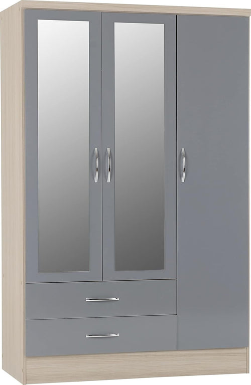 3 Door 2 Drawer Wardrobe Grey Gloss & Light Oak Effect Mirror Storage Unit
