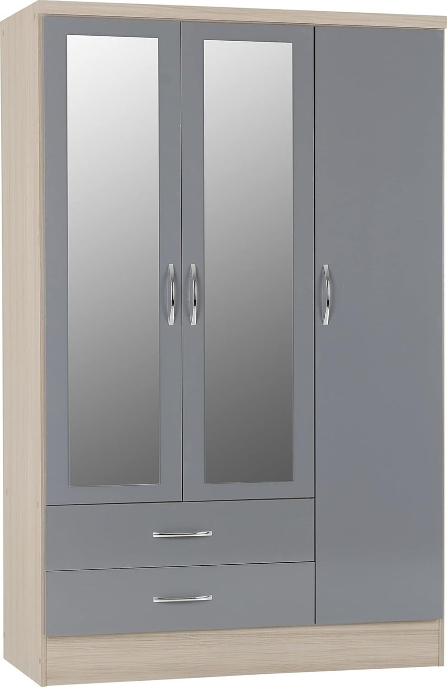 3 Door 2 Drawer Wardrobe Grey Gloss & Light Oak Effect Mirror Storage Unit