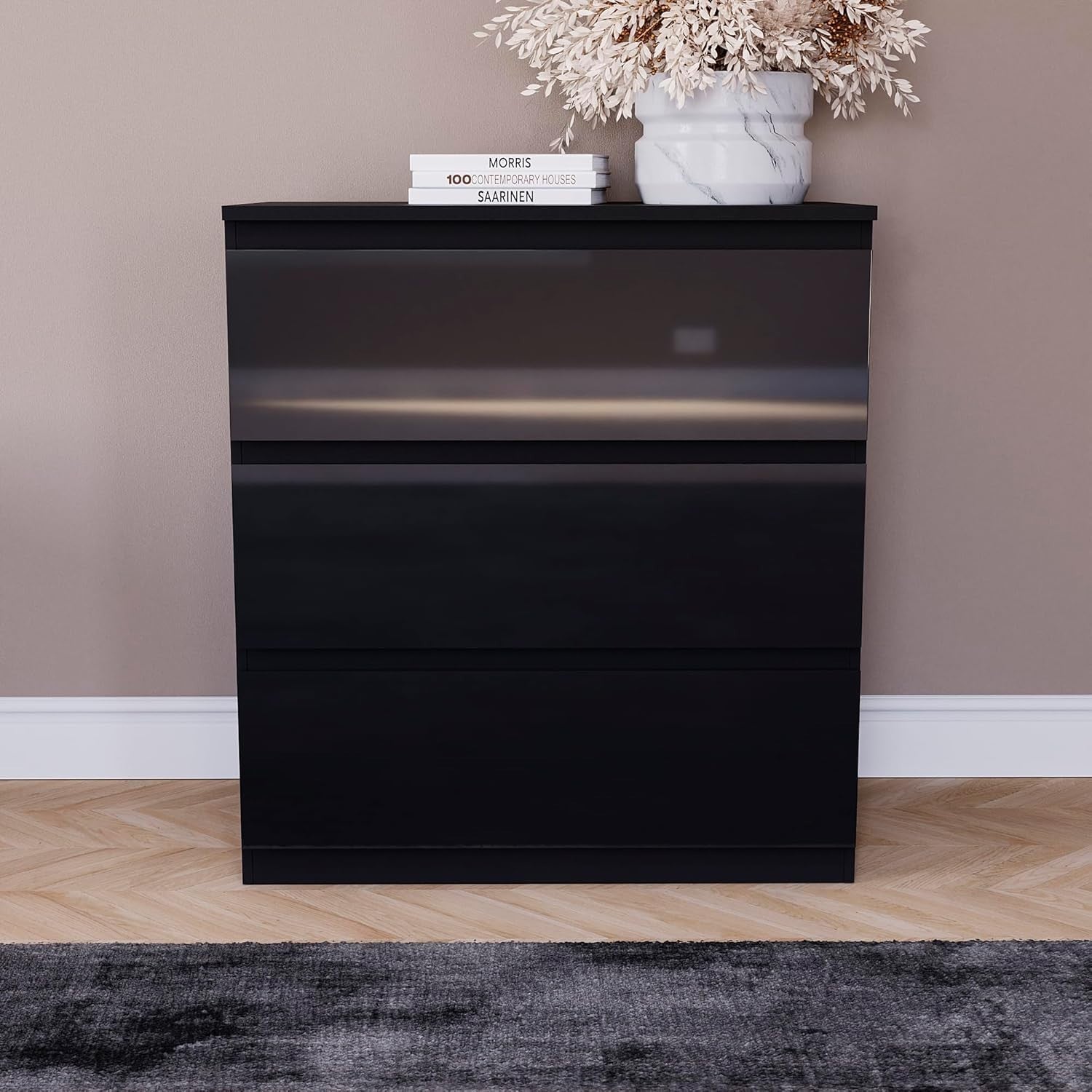 Black Gloss 3 Drawer Chest Compact Storage Cabinet Bedroom Organizer