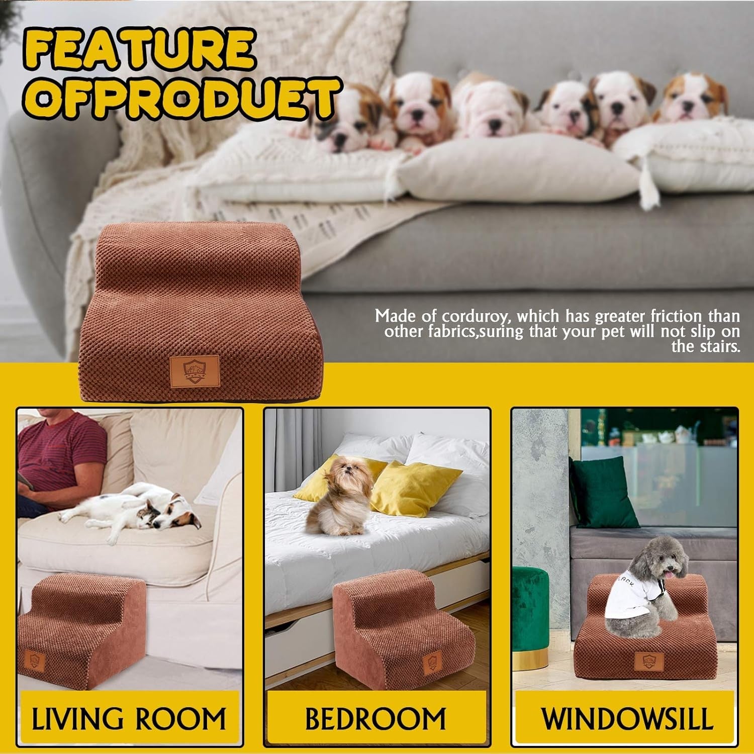 2-Step Dog Stairs Ramp Small Pets Non-Slip Foam Bed Access
