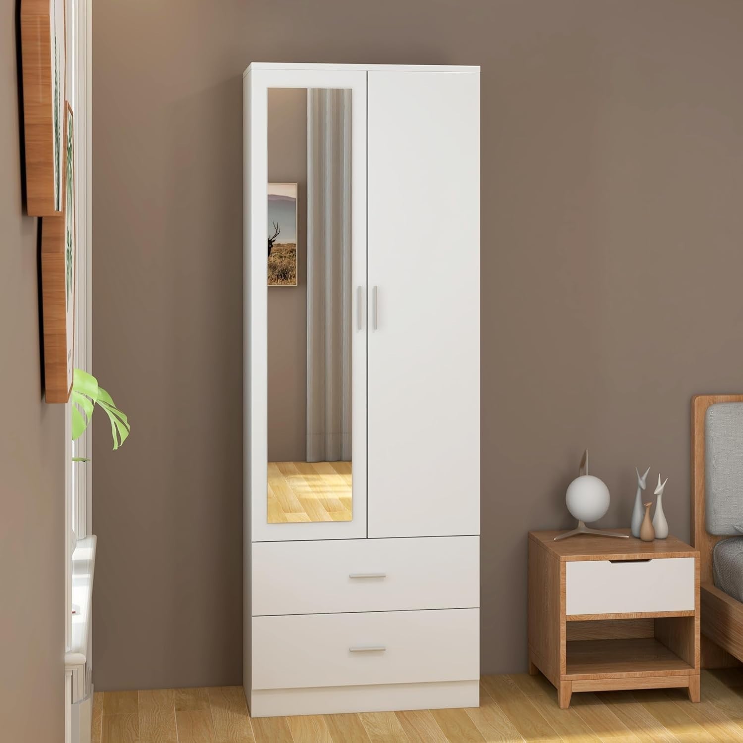 Mirrored 2 Door Wardrobe with Hanging Rail & Drawers - Sturdy, Modern Storage