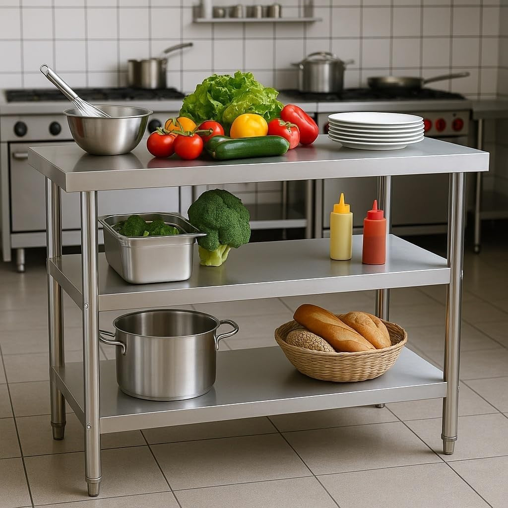 Stainless Steel Work Table 120x60x85cm with 2 Shelves Height Adjustable
