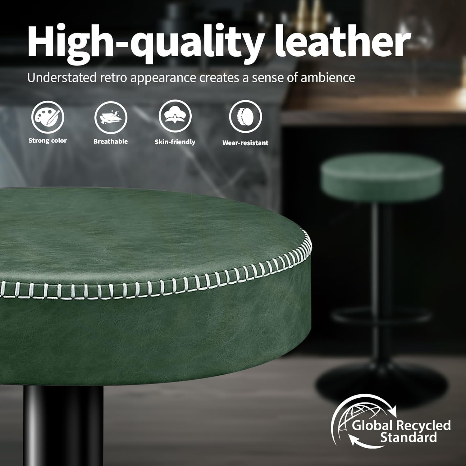 Adjustable Swivel Bar Stools Set of 2 Green Faux Leather 36x36x85.5cm