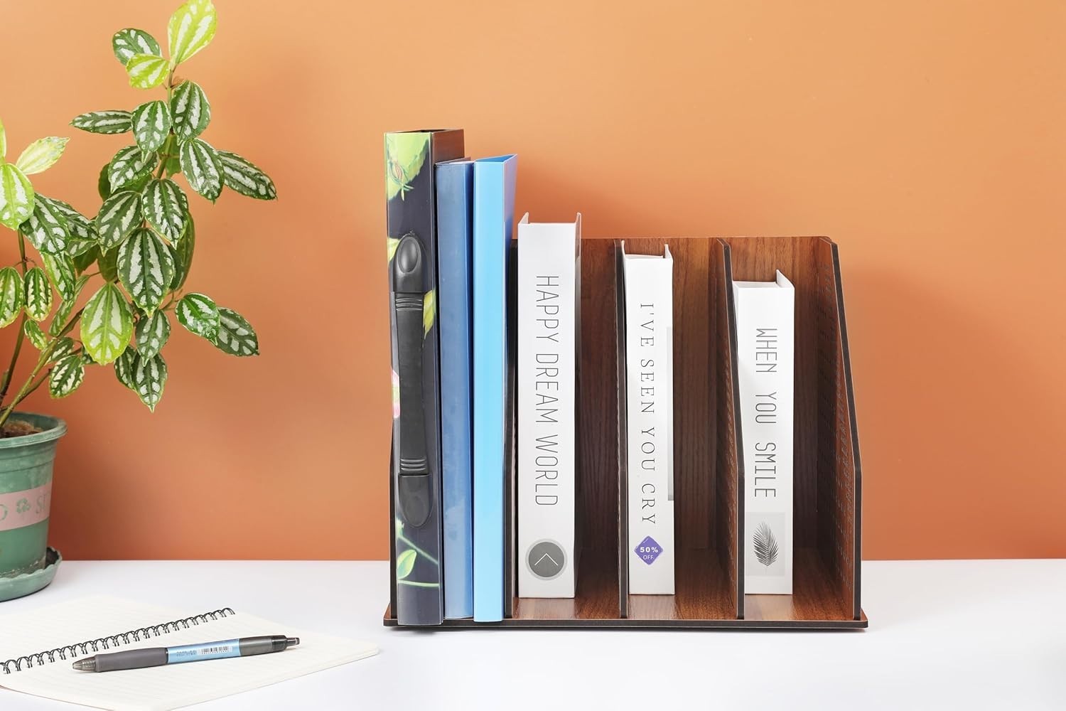 Wooden Desk File Rack & Book Organizer - Walnut Desktop Storage Holder