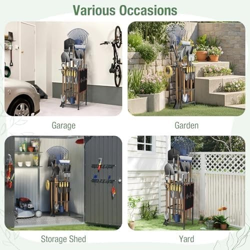 Corner Garden Tool Organizer Metal Rack with Side Pouch for Rakes Shovels