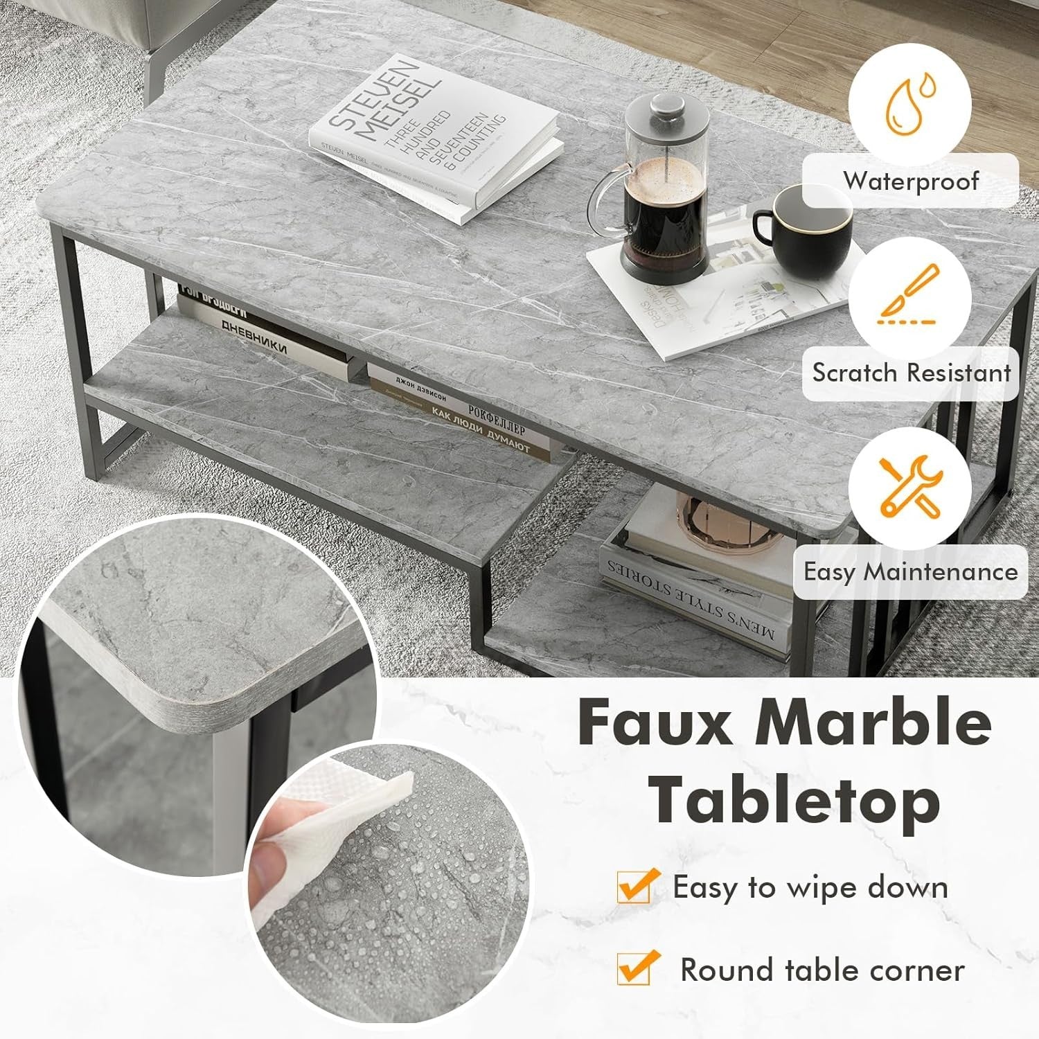 3-Tier Faux Marble Coffee Table with Storage Shelves & Sturdy Metal Frame