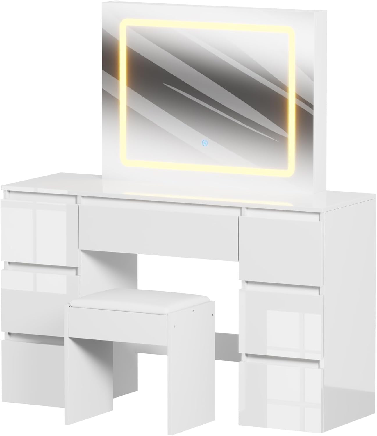Modern White Gloss Dressing Table Vanity Desk LED Mirror Set 7 Drawers Stool