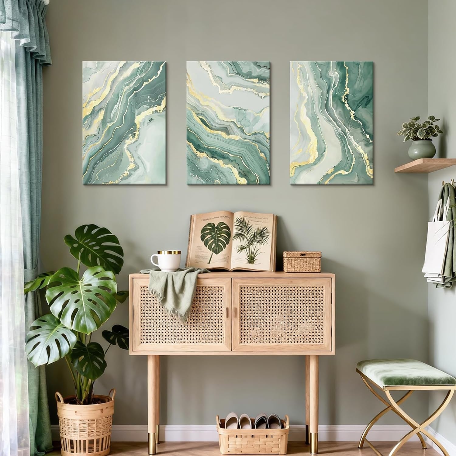 Sage Green Gold Abstract Canvas Wall Art Set 3 Modern 40x60cmx3