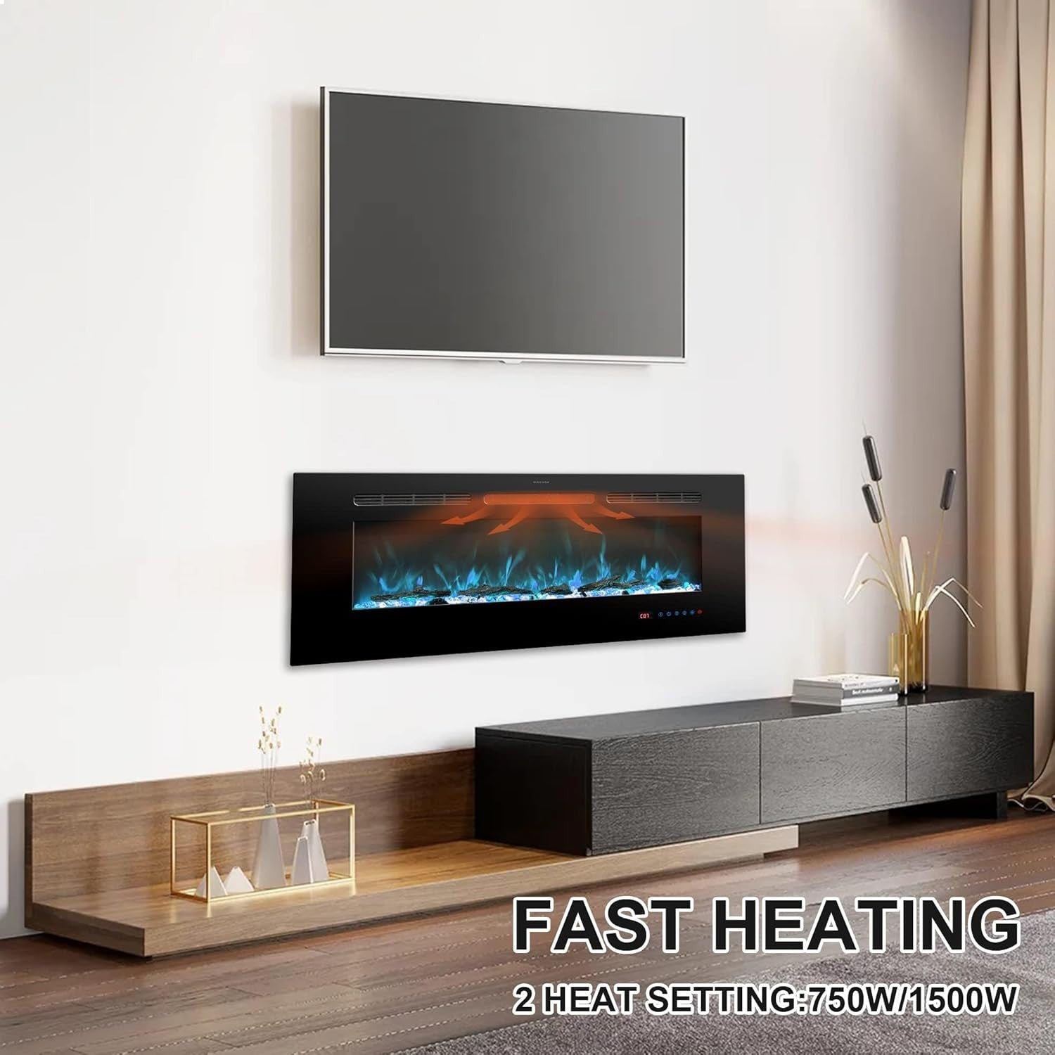 Electric Wall Fireplace Heater 42" Recessed LED Flame Remote Timer