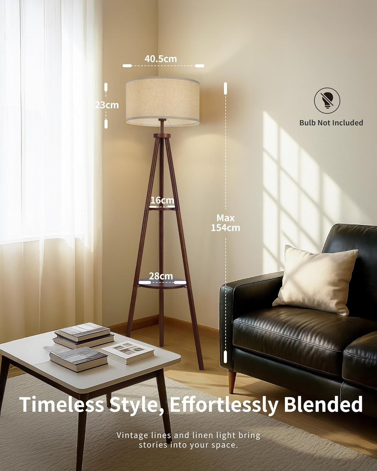 Tripod Floor Lamp with Shelf Wooden Standing Light Linen Shade Living Room