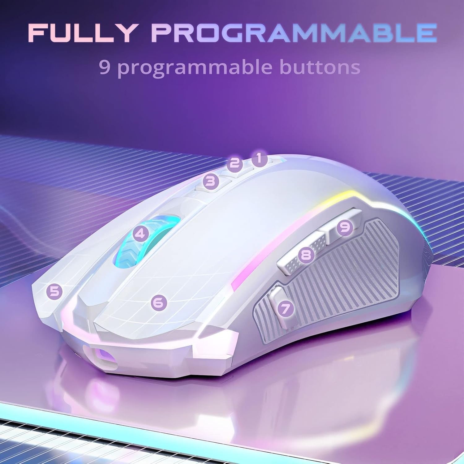 Wireless Gaming Mouse 8000 DPI RGB 9 Button Rechargeable White