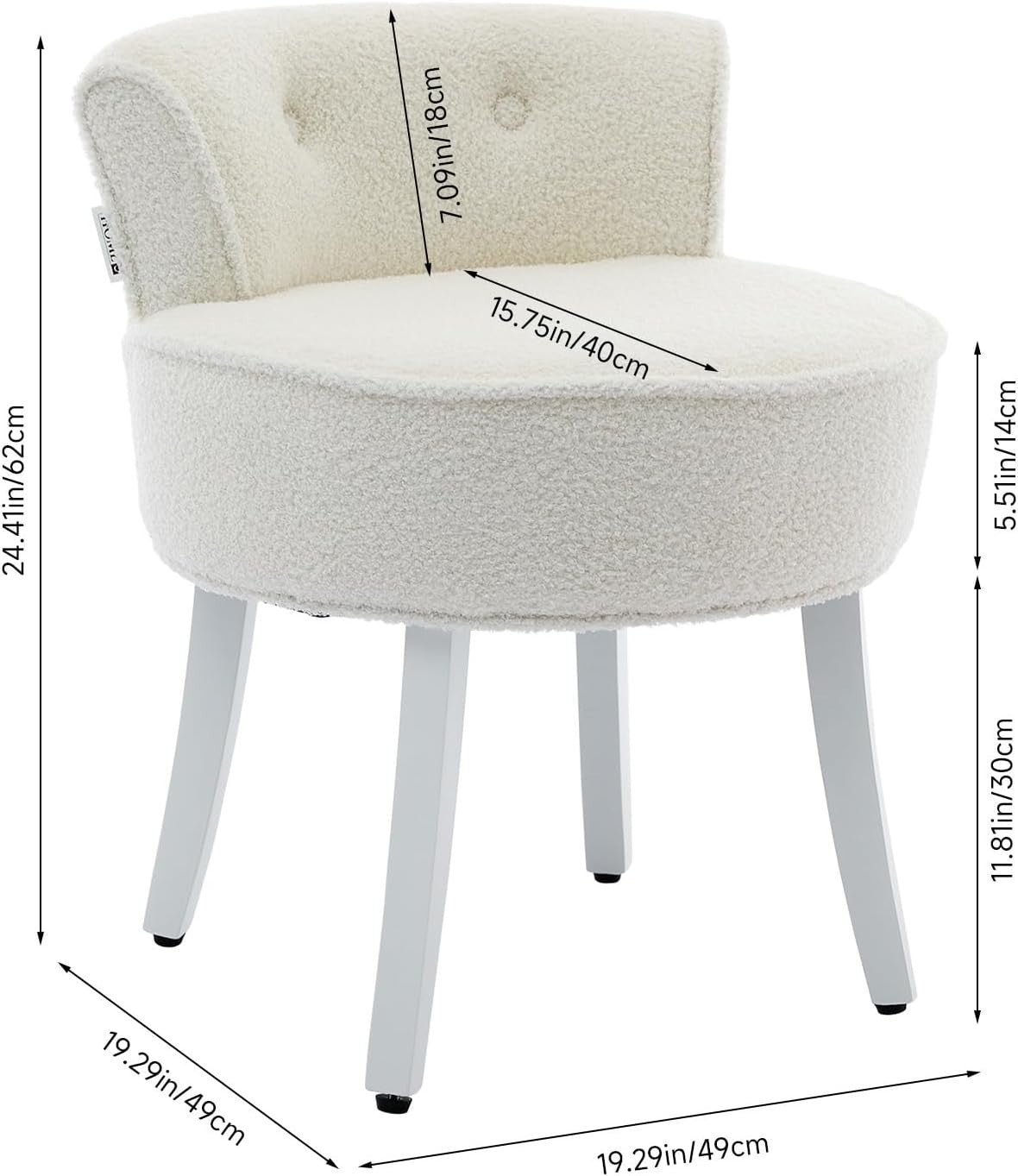 White Teddy Velvet Dressing Table Chair – Tufted Back Makeup Vanity Seat