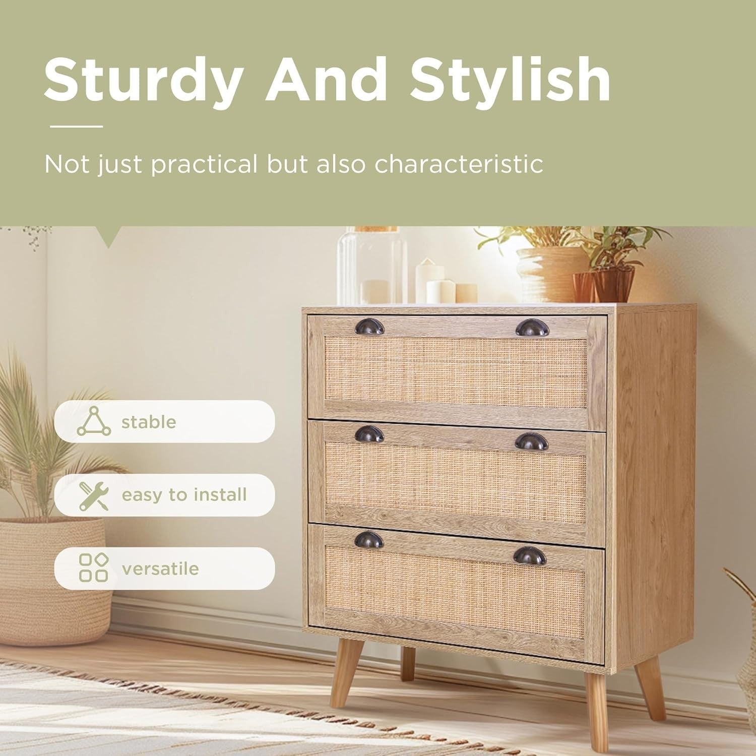 3 Drawer Rattan Chest Rustic Oak Storage Cabinet Boho Bedroom Unit