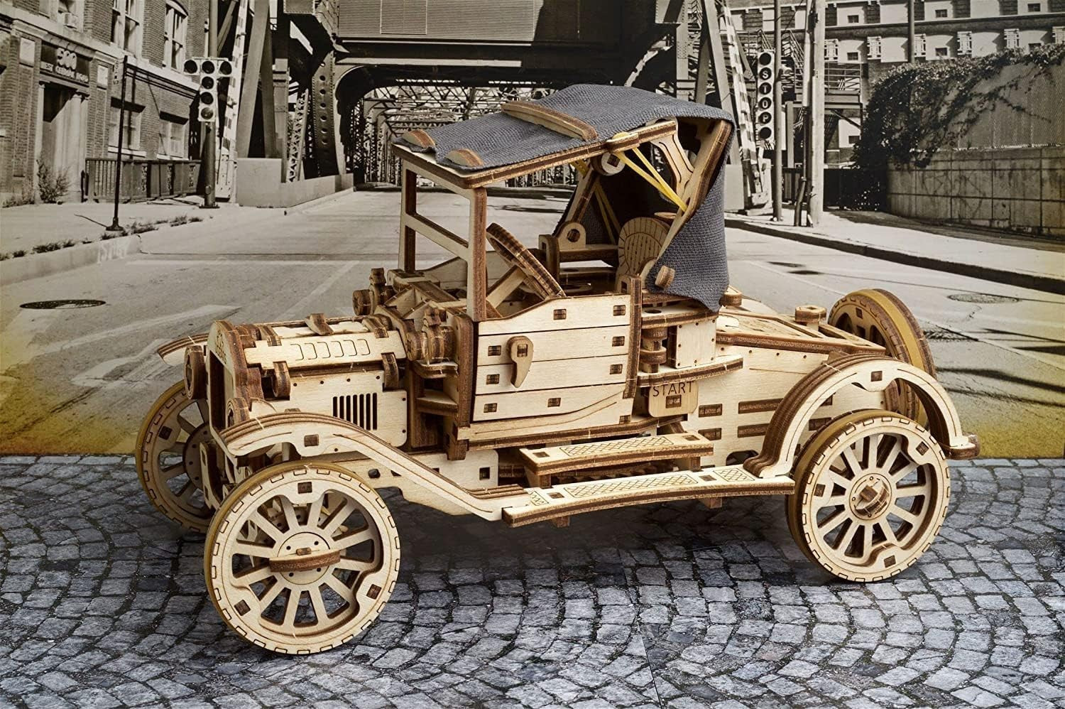 Vintage 3D Wooden Model Car Kit with Folding Roof & Working Engine Puzzle