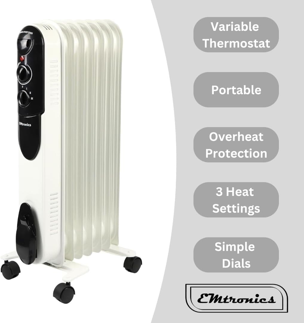 1500W Portable Oil-Filled Heater Radiator 7 Fin Adjustable Thermostat