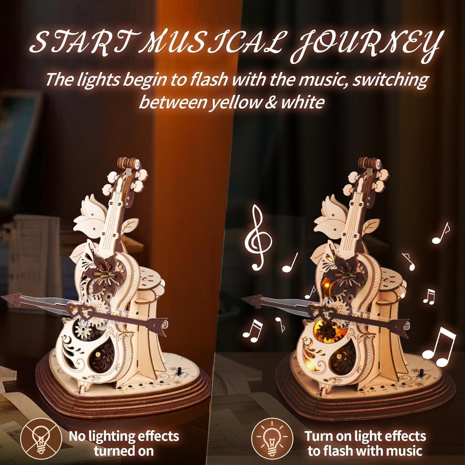 3D Wooden Cello Puzzle Music Box with Light & Bluetooth Sound – Gift