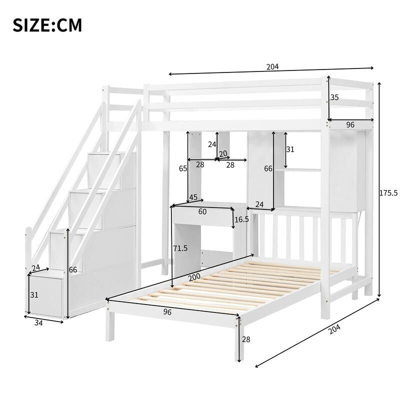 Kids Bunk Bed with Desk & Storage White 3FT Pine Wood Double Loft Bed 90x190cm
