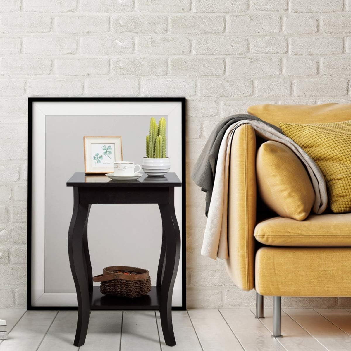 Set of 2 Coffee Brown Wooden Bedside Tables – Modern 2-Tier Side Tables 40×40×60