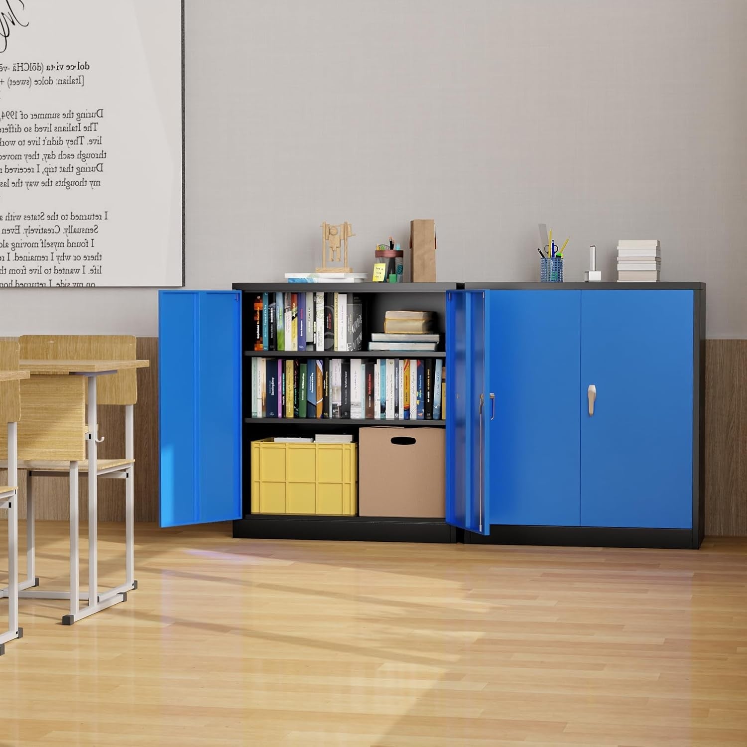 Black Blue Metal Storage Cabinet 90cm Lockable Cupboard with Adjustable Shelves