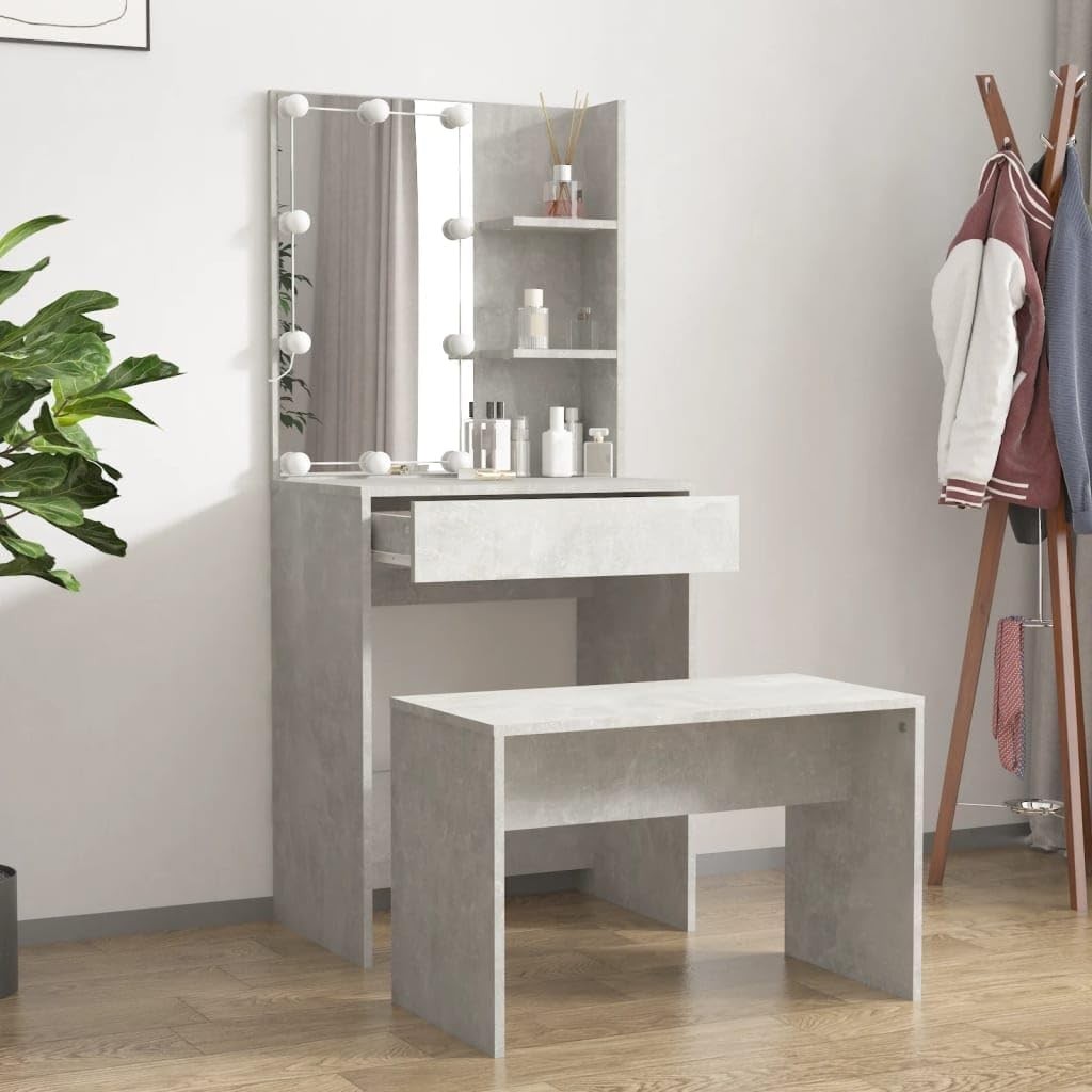 Dressing Table Set Vanity Makeup Desk Mirror Lights Storage Grey Modern Home