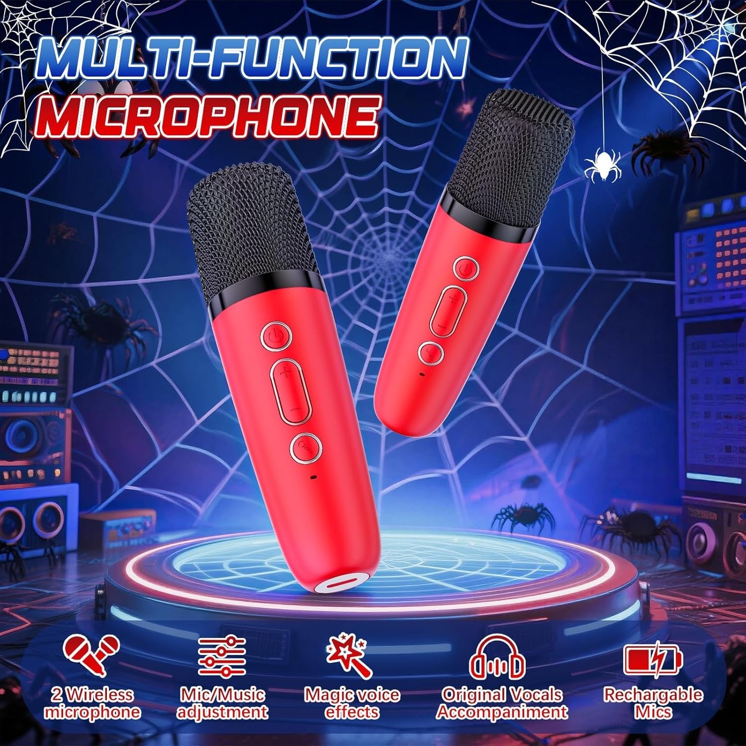 Red Spider Karaoke Machine 2 Mics Bluetooth LED Voice Changer