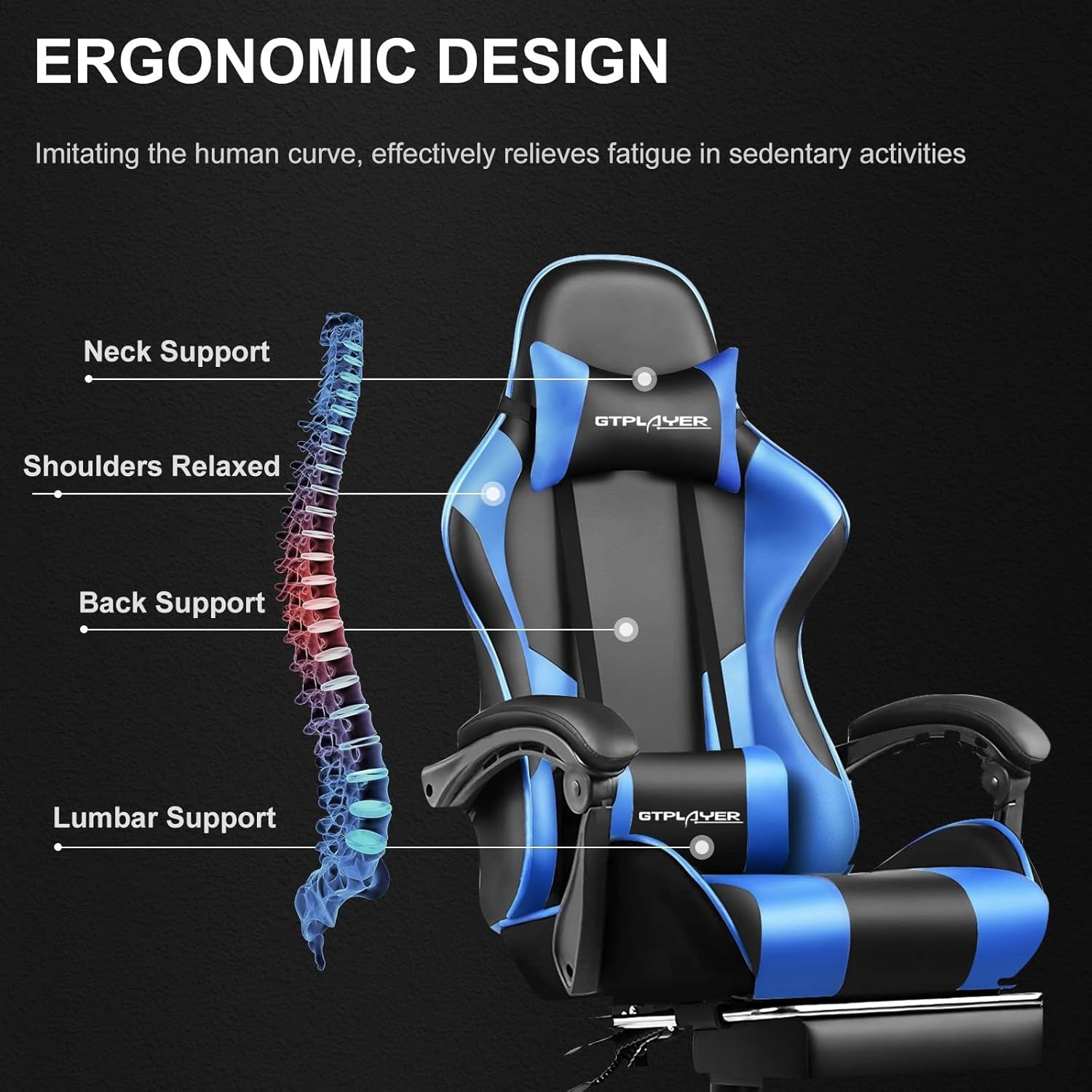Massage Gaming Chair Reclining Ergonomic Office Chair w Footrest Blue