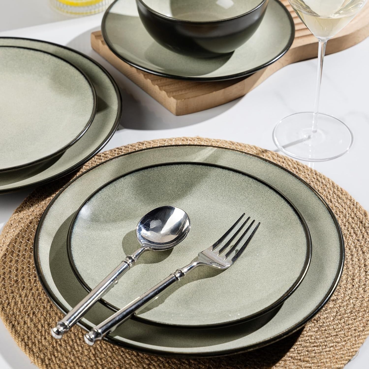 12pc Stoneware Dinner Set Plates Bowls Sage Green Dishwasher Safe
