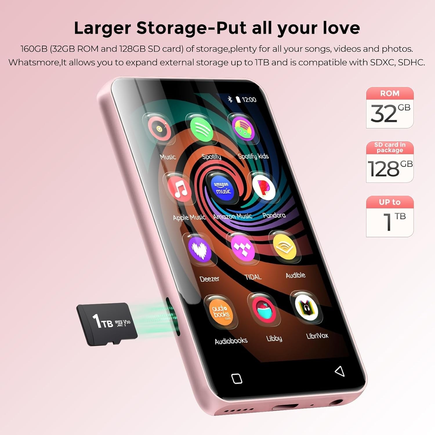 160GB MP3 MP4 Player Pink White 4" Touch WiFi Bluetooth