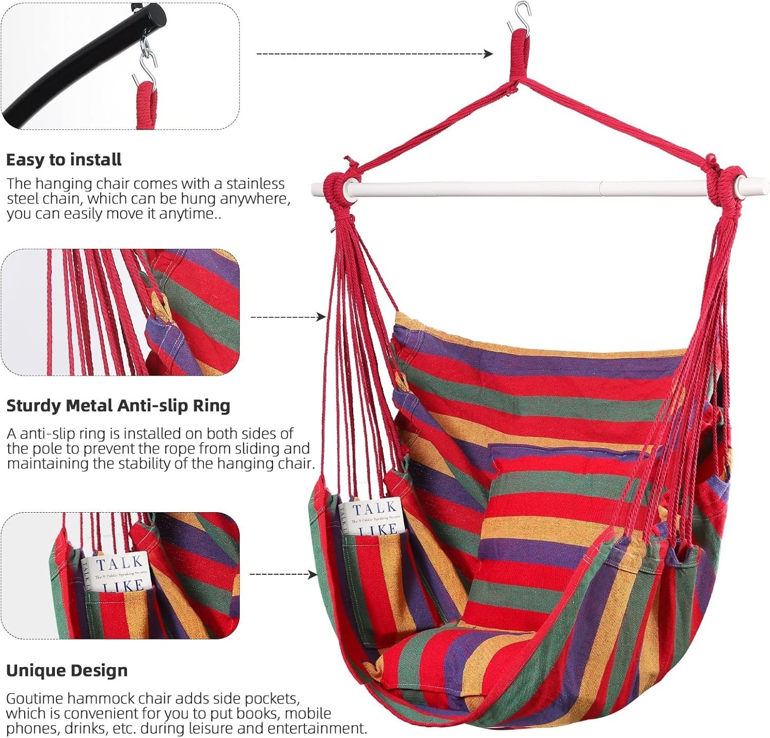 Hammock Swing Chair w/ Cushions & Support Bar, Portable Cotton Seat 150kg