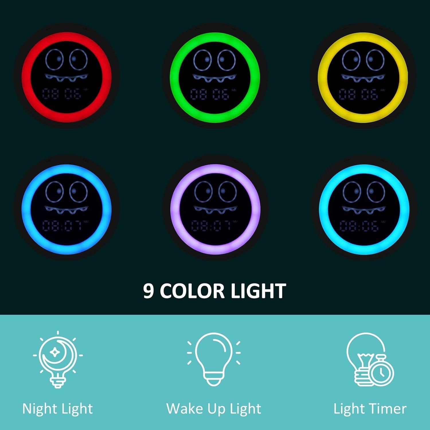 Green Kids Sleep Training Alarm Clock Night Light Sound Machine Toddler