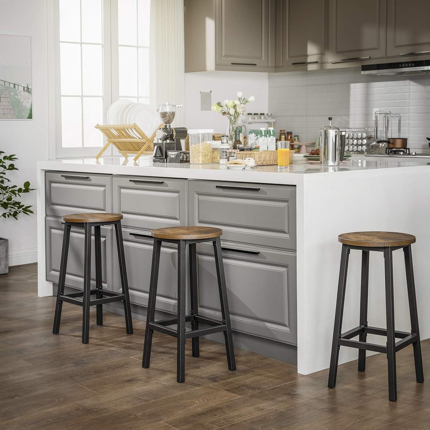 Industrial Bar Stools Set of 2 Rustic Brown Round Seat 65cm High