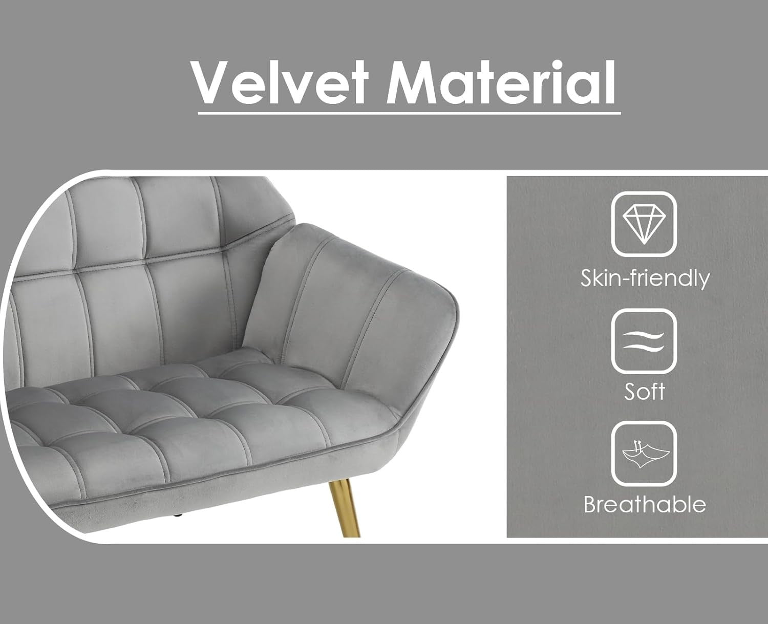 2 Seater Grey Velvet Sofa Loveseat Chair Metal Legs Modern Armchair