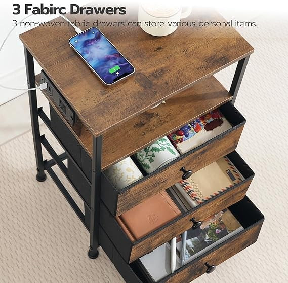 Rustic Bedside Table with Charging Station, 3 Drawers, USB Ports Modern