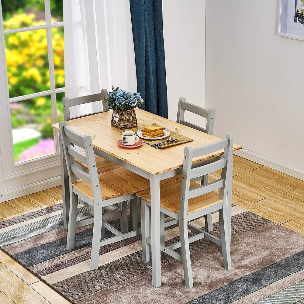 4 Seater Grey Pine Dining Table Set Wood Kitchen Room Furniture Compact